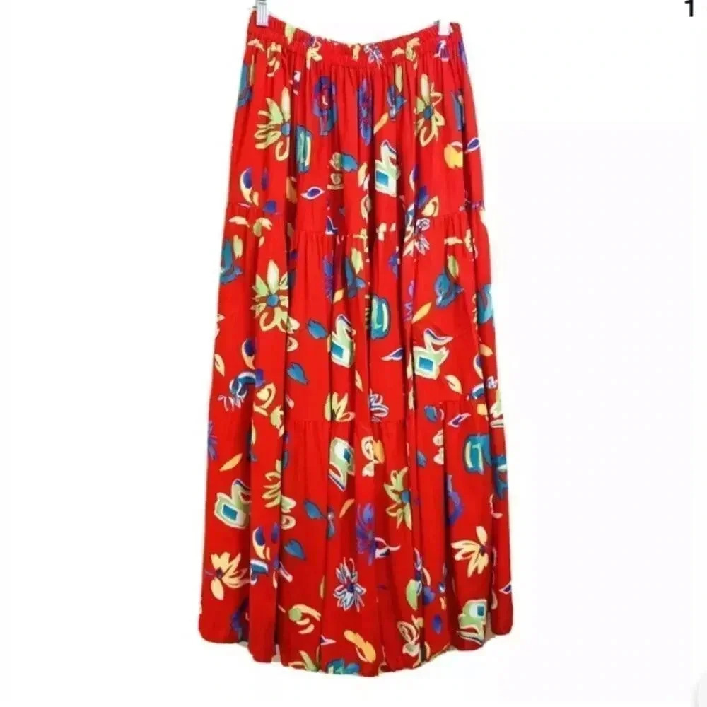 Tour De France Layered Maxi Skirt Floral Red